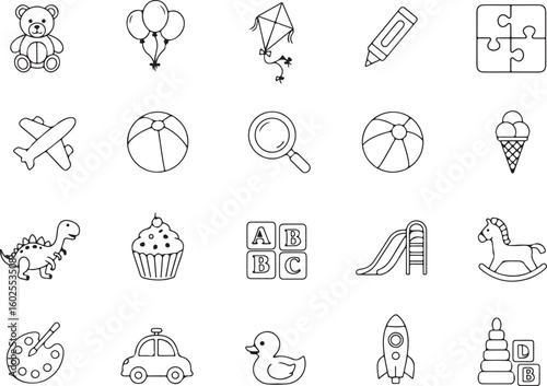 Preschool and playtime icon set, early learning and toy graphics, childhood activity symbols for apps, packaging, posters, tutorials, branding, infographics, and web