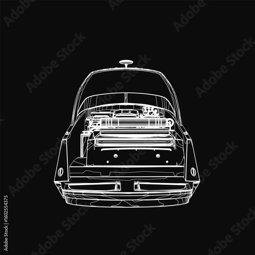 A sleek black and white speedboat with smooth aerodynamic curves and dynamic lines stands out against a stark black background. The minimalist design highlights detailed shading, chrome accents