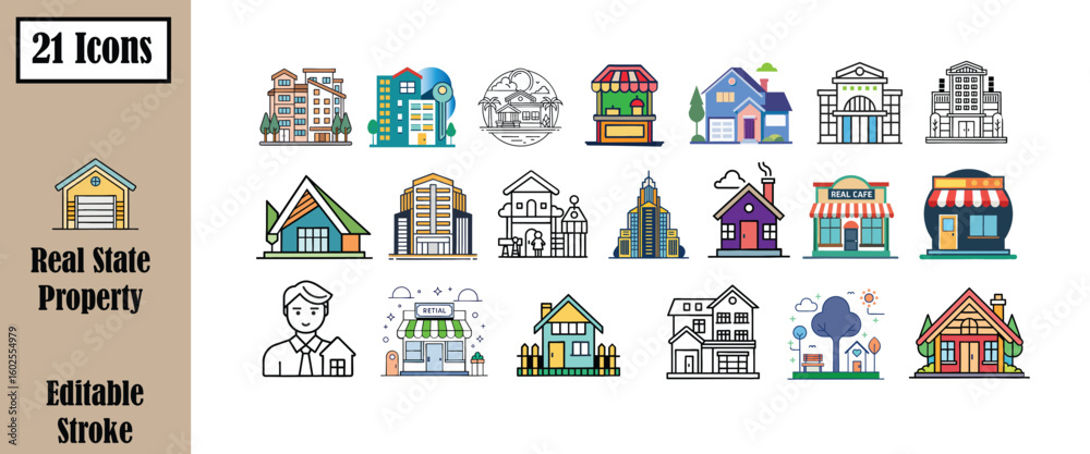 Fototapeta premium Comprehensive real estate icon set for property marketing