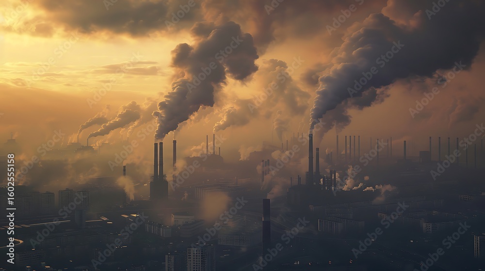 Fototapeta premium Industrial factory chimneys releasing thick smoke into the evening sky creating a visual concept for environmental pollution issues.