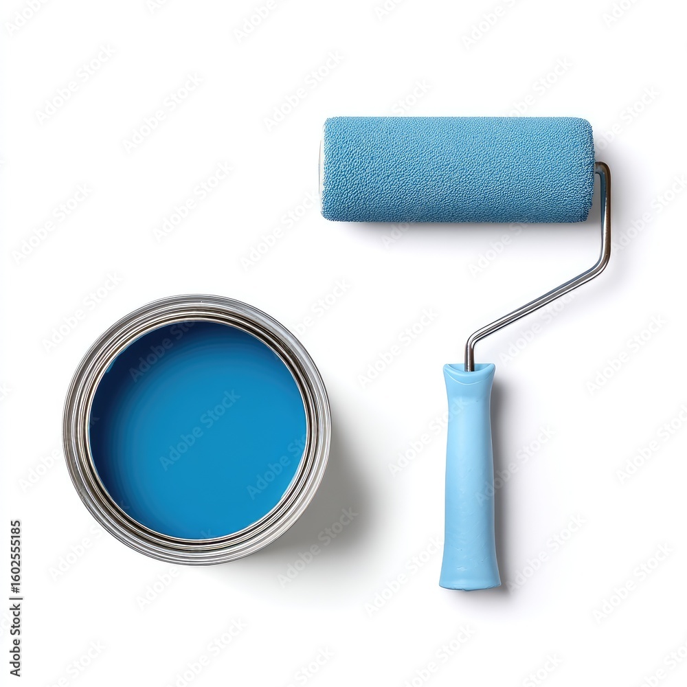 Obraz premium Bright Blue Paint and Roller - Fresh Home Renovation Essentials for Creative Projects