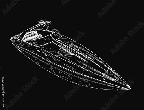 Sleek speedboat contour drawing in black and white on dark background, featuring detailed curves and dynamic lines. The minimalist design highlights the boat's aerodynamic shape.
