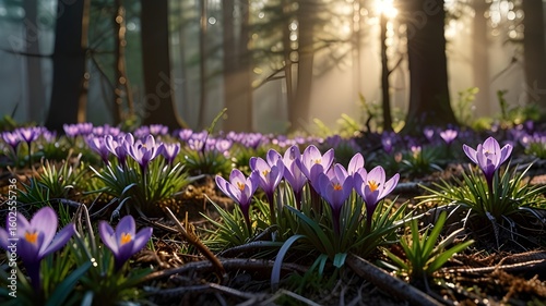 Wallpaper Mural Morning Forest with Purple Crocus Flowers Torontodigital.ca