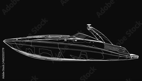 A sleek speedboat contour stands out in detailed black and white, showcasing smooth curves and dynamic lines. The stark black background emphasizes the boat's elegant design.