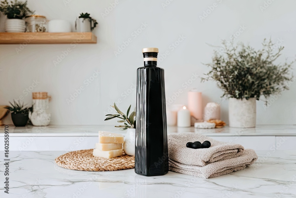 Naklejka premium Black bottle on marble countertop, spa-like setting