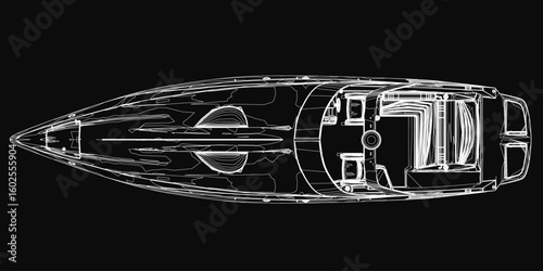 A sleek black and white speedboat contour drawing stands out against a dark background. The detailed hull, sails, and rigging are sharply defined. High contrast emphasizes the boat's dynamic shape.