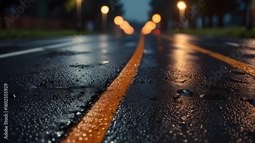 Wallpaper Mural Wet Asphalt Road with Orange Line at Night Torontodigital.ca