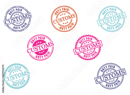 Customs Duty Paid Rubber Stamp Collection, Import Tax Seal Vector Set