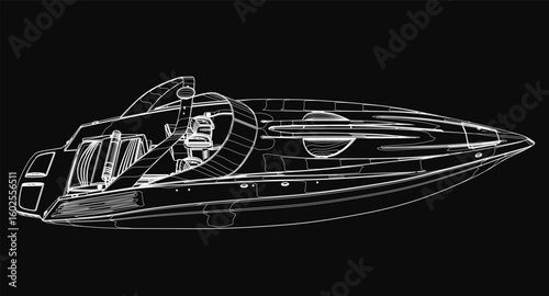 A sleek speedboat contour stands out in detailed black and white, showcasing smooth curves and dynamic lines against a stark black background. The minimalist design highlights the boat's aerodynamic.