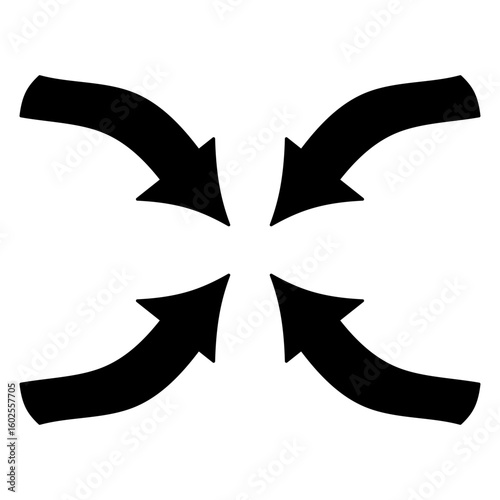 Four simple black curved arrows pointing to a central point, symbolizing focus, convergence, center of attention, unification, consolidation, or withdrawal.