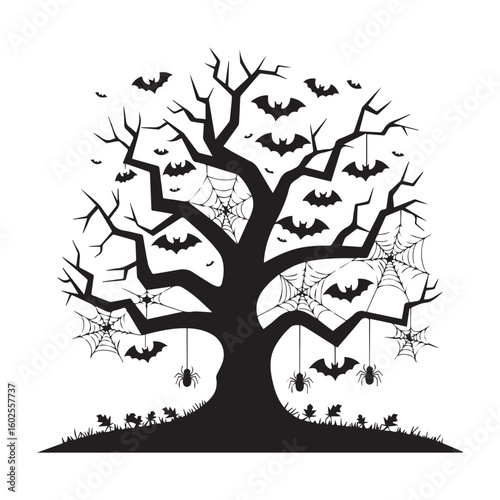  A black line art illustration of a haunted tree with bats and spiders hanging from the branches.