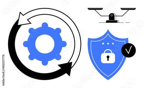 Gear with arrows for optimization, shield with lock for security, and scale for balance highlight themes of improvement, safety, justice, compliance, decision-making, stability. Simple flat metaphor