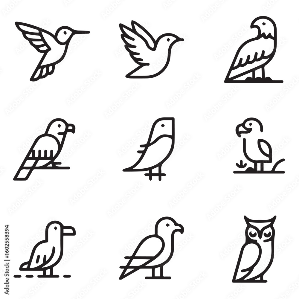 Obraz premium A collection of nine distinct bird icons in a simple black outline style, showcasing various avian species