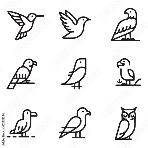 A collection of nine distinct bird icons in a simple black outline style, showcasing various avian species