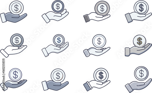 Various illustrations of hands holding dollar coins representing finances and investments