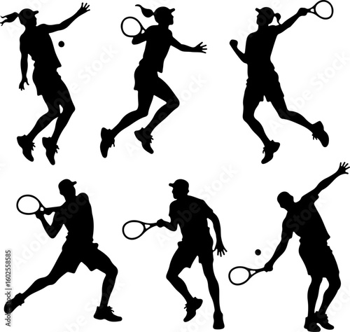 Tennis Player Silhouettes in Action"