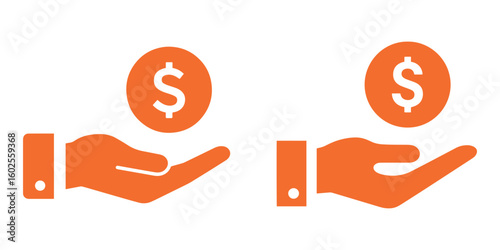 Investment Icon Set – Orange Vector of Hand Holding Dollar Coin Symbol for Finance and Business