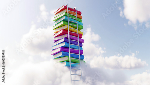 Colorful hardback books stacked rise above the clouds