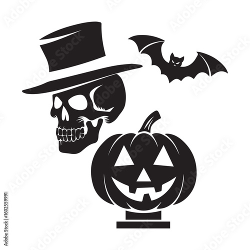 A black silhouette of a skull wearing a hat, a flying bat, and a smiling jack lantern with a triangle nose against a white background.