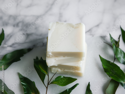 Wallpaper Mural Stacked White Soap Bars on Marble with Green Leaves Torontodigital.ca