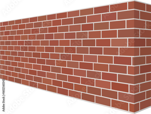 A red brick wall with white mortar isolated on a white background in perspective view