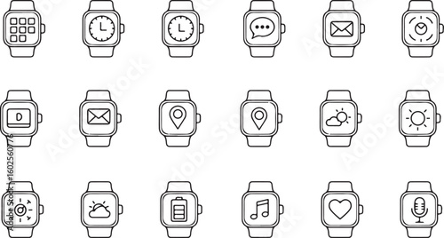 Smartwatch interface icon set, wearable tech functions vector pack, health and communication graphics for apps, branding, tutorials, infographics, digital design, and posters