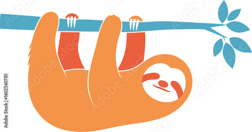 A cartoon sloth hanging upside down from a blue branch with leaves on a white background