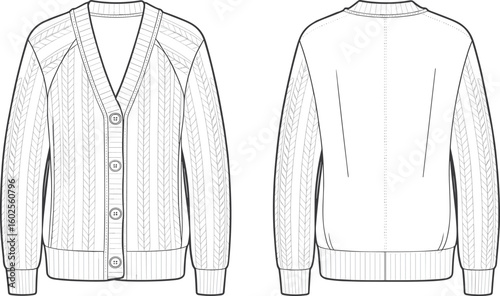 Detailed CAD drawing of cable knit button cardigan front and back, flat vector illustration for apparel fashion design projects