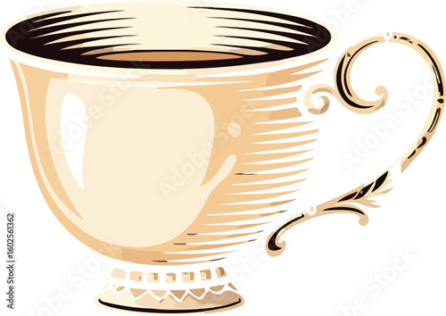 Ornate porcelain teacup filled with dark beverage decorative style vector illustration EPS file download