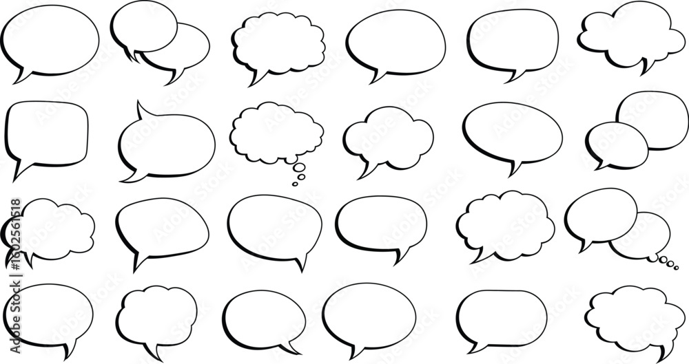 Fototapeta premium Illustration of multiple white speech bubbles with black outlines on a white background