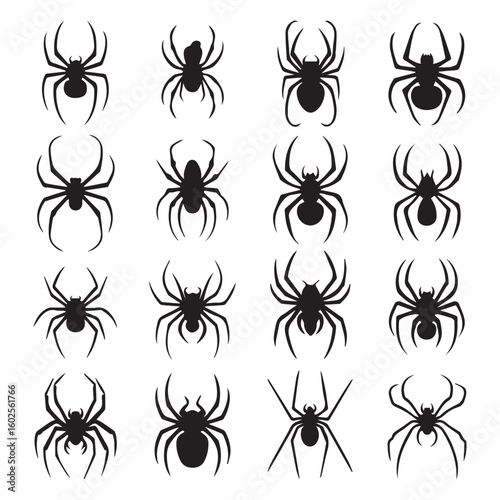 A collection of 18 black spider silhouettes on a white background.