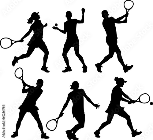 Tennis Player Silhouettes in Action"