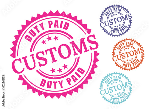 Customs Duty Paid Product Stamp Set, Grunge Style Global Trade Label Vectors  