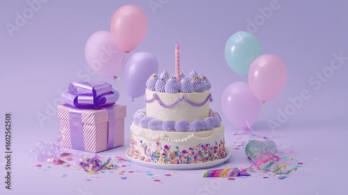 Pastel Birthday Cake with Balloons and Gifts Celebration Scene