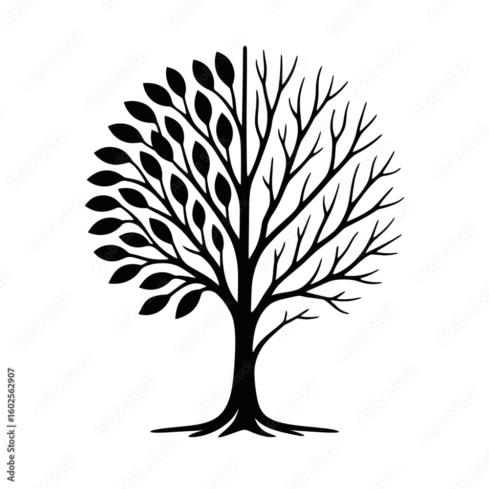 Obraz premium Stylized Half-Leaf, Half-Bare Tree Silhouette Vector - Nature's Cycle