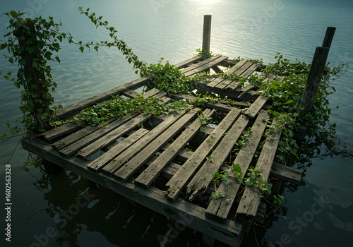 Weathered wooden dock over water