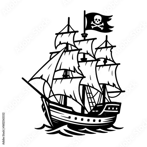 Classic Pirate Ship with Jolly Roger Flag Silhouette Vector Illustration