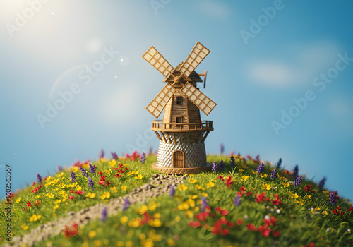 Whimsical windmill on colorful hill