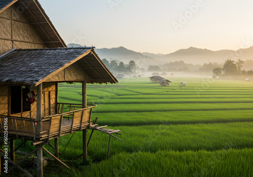 Wooden house in rice paddy field