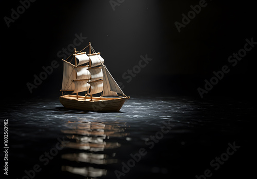 Wooden sailing ship model water reflection