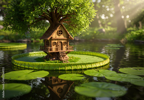Wooden treehouse on lily pad pond
