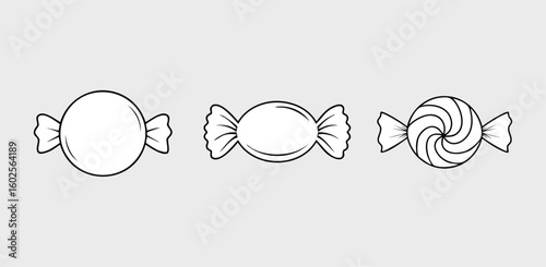 Three wrapped candy icons vector in a row simple black outline design