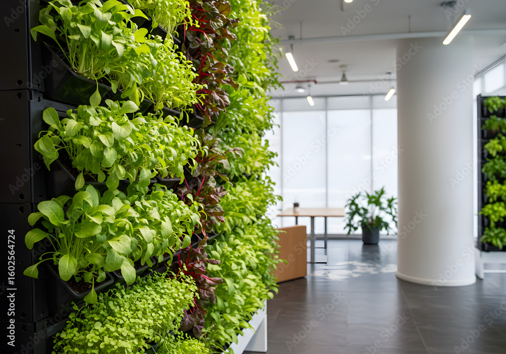Fototapeta premium Vertical garden displaying lush green plants in modern interior space