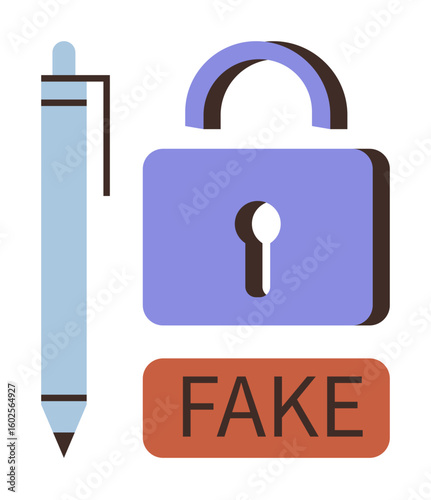 Pen beside a padlock and a FAKE label addressing security, forgery concerns, verification, privacy, identity, protection, and honesty. Ideal for online security, fraud awareness digital safety