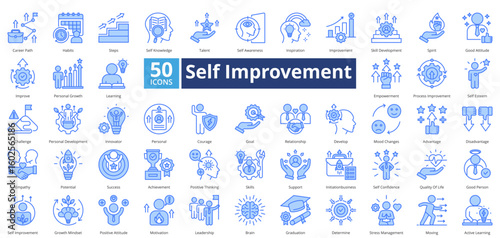 Self Improvement icon set contains 50 icons including, achievement, skills, support, initiation, business, moving, active learning, simple vector blue style.