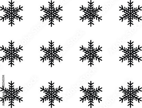 Twelve black snowflakes arranged in three rows on a white background winter pattern style vector illustration EPS file download