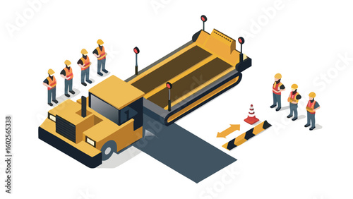 Isometric road paving machine with workers and safety cone on a newly paved road surface design