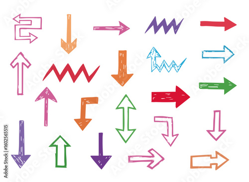 Colorful Hand-Drawn Arrow Set – Crayon Textured Doodle Arrows on White Background