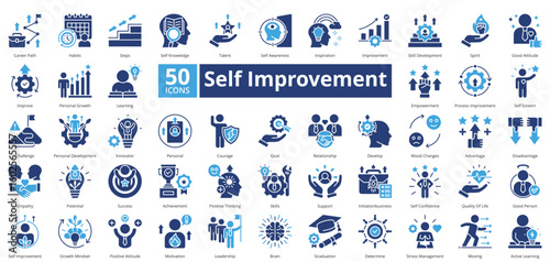 Self Improvement icon set contains 50 icons including, determine, positive attitude, advantage, disadvantage, empathy, potential, simple vector two color style.