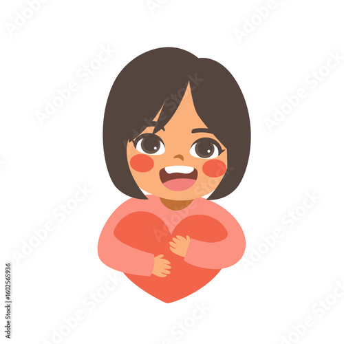 Cartoon illustration of a girl holding a large red heart with both hands self esteem concept. Vector for love, charity, donation or Valentine's Day visuals